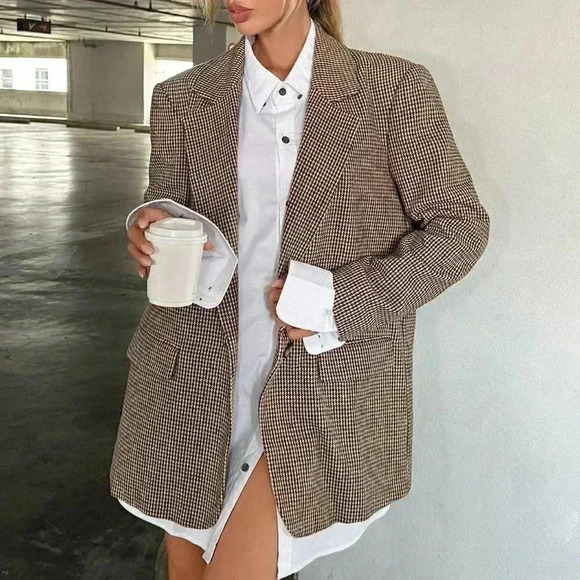 . Jackets & Blazers - Brown Preppy Womens Lapel Neck Flap Detail Single Button Blazer